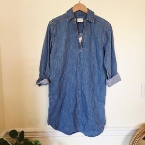 🏷Universal Thread Jean Blue Long Sleeve V-Neck Shirt Dress Pockets NEW